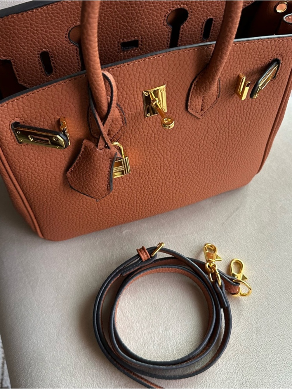 Caramel Structured Top Handle Bag | Gold Hardware | Chic Classic Style - Picture 7 of 17